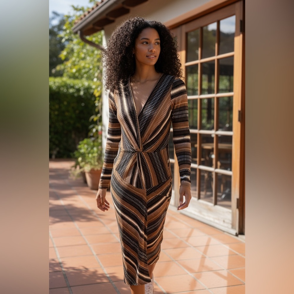 Maeve by Anthropologie Striped V-Neck Long Sleeve Column Dress Small EUC